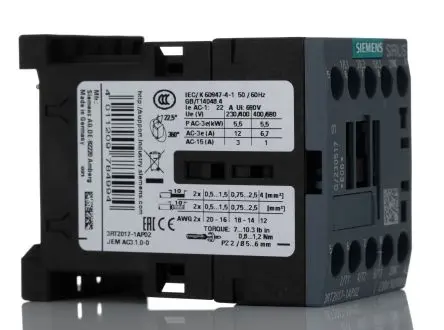 Produktfoto 1 von Siemens 3RT2 Schütz 230V ac-Spule, 3-polig, 400V ac / 12 A 230V ac 5.5 kW 3 Schließer Motorsteuerung 1-Hilfskontakte