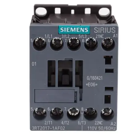 Produktfoto 1 von Siemens 3RT2 Schütz 110V ac-Spule, 3-polig, 400V ac / 12 A 110V ac 5.5 kW 3 Schließer Motorsteuerung 1-Hilfskontakte