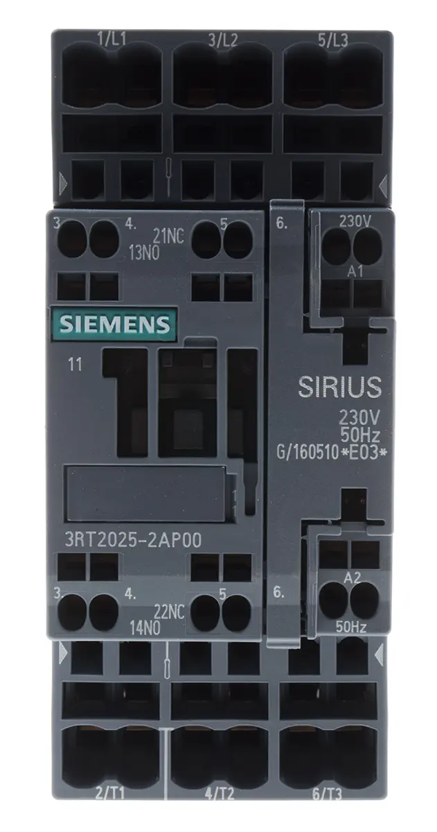 Produktfoto 1 von Siemens 3RT2 Schütz 230V ac-Spule, 3-polig, 400V ac / 17 A 230V ac 7.5 kW 3 Schließer Motorsteuerung 2-Hilfskontakte