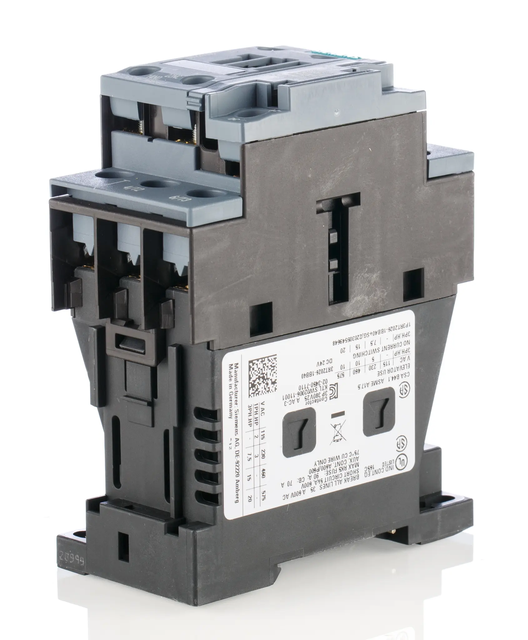 Produktfoto 1 von Siemens 3RT2 Schütz 24 V dc-Spule, 3-polig, 400V ac / 25 A 230 V 11 kW 3 Schließer Motorsteuerung 2-Hilfskontakte