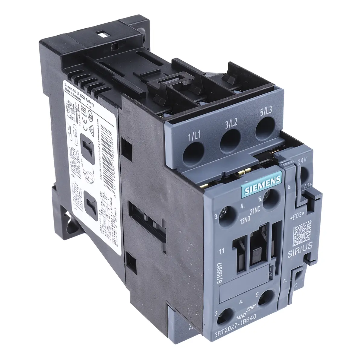 Produktfoto 1 von Siemens 3RT2 Schütz 24V dc-Spule, 3-polig, 400V ac / 32 A 230V 15 kW 3 Schließer Motorsteuerung 2-Hilfskontakte