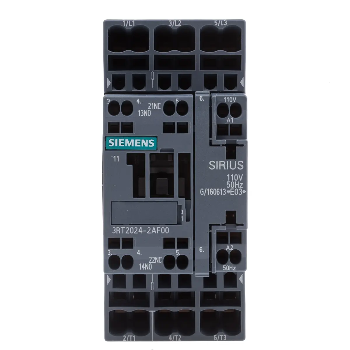 Produktfoto 1 von Siemens 3RT2 Schütz 110V ac-Spule, 3-polig, 400V ac / 12 A 110V ac 5.5 kW 3 Schließer Motorsteuerung 2-Hilfskontakte