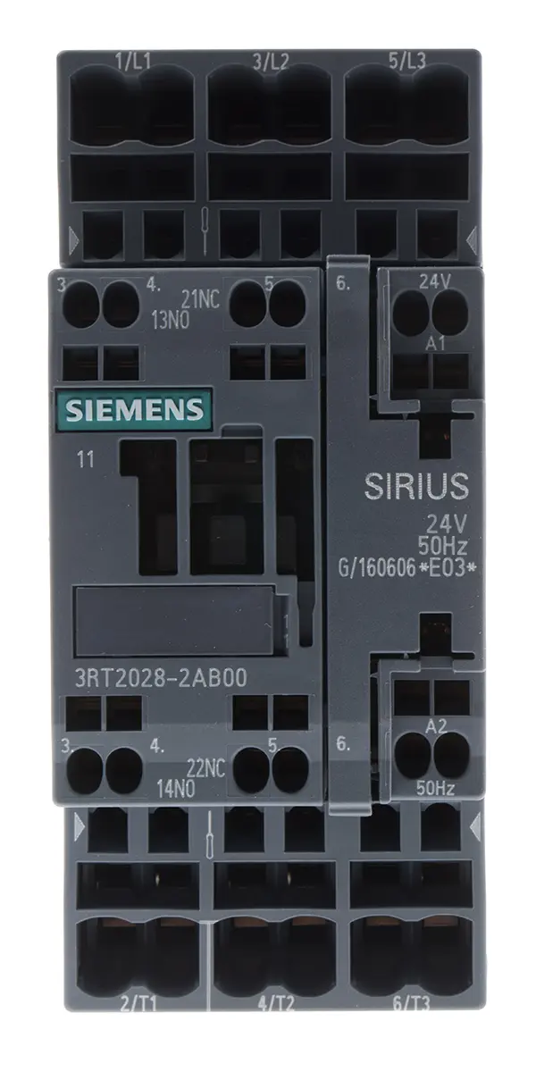 Produktfoto 1 von Siemens 3RT2 Schütz 24V ac-Spule, 3-polig, 400V ac / 38 A 24V ac 18.5 kW 3 Schließer Motorsteuerung 2-Hilfskontakte