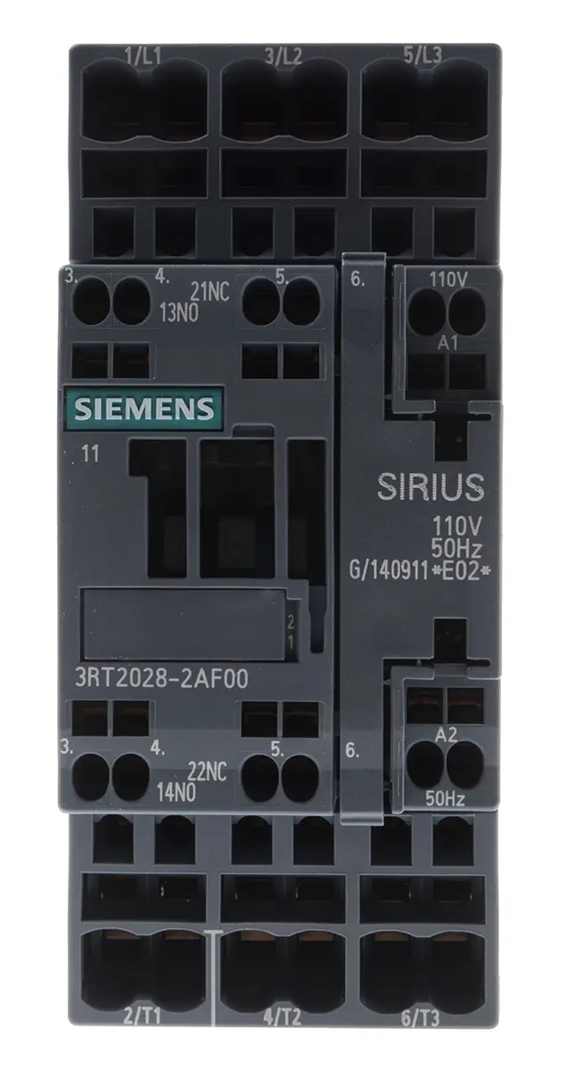 Produktfoto 1 von Siemens 3RT2 Schütz 110V ac-Spule, 3-polig, 400V ac / 38 A 110V ac 18.5 kW 3 Schließer Motorsteuerung 2-Hilfskontakte