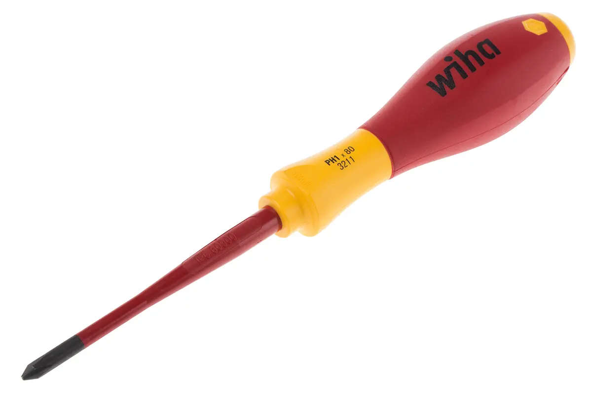 Produktfoto 1 von Wiha VDE 1000V zugelassen PH1 Isoliert, Molybdänstahl, Chrom Vanadium Stahl, 191 mm / Klinge 80 mm