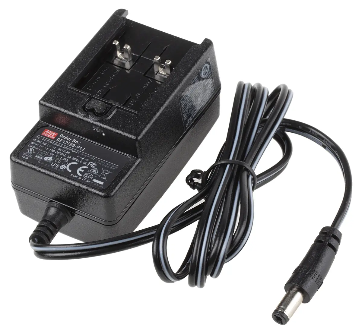 Produktfoto 1 von MEAN WELL Steckernetzteil AC/DC-Adapter 12W, 100V ac, 9V dc / 1.33A, Universal-Stecker