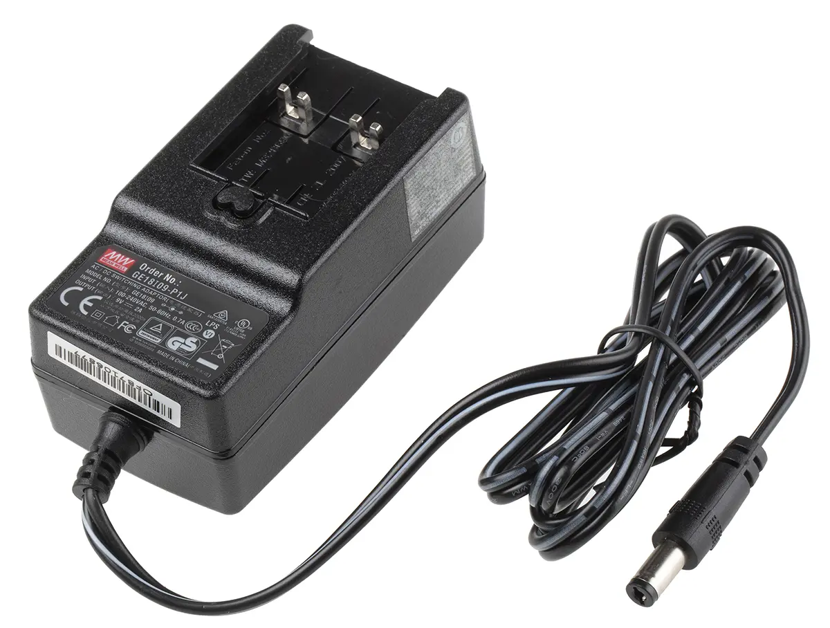 Produktfoto 1 von MEAN WELL Steckernetzteil AC/DC-Adapter 18W, 100V ac, 9V dc / 2A, Universal-Stecker