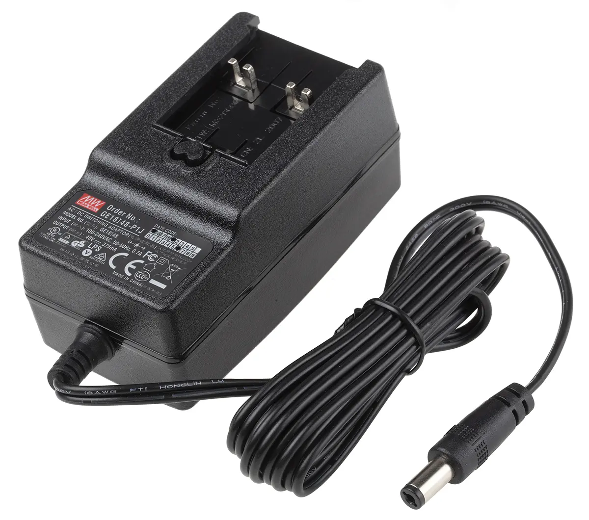 Produktfoto 1 von MEAN WELL Steckernetzteil AC/DC-Adapter 18W, 100V ac, 48V dc / 375mA, Universal-Stecker