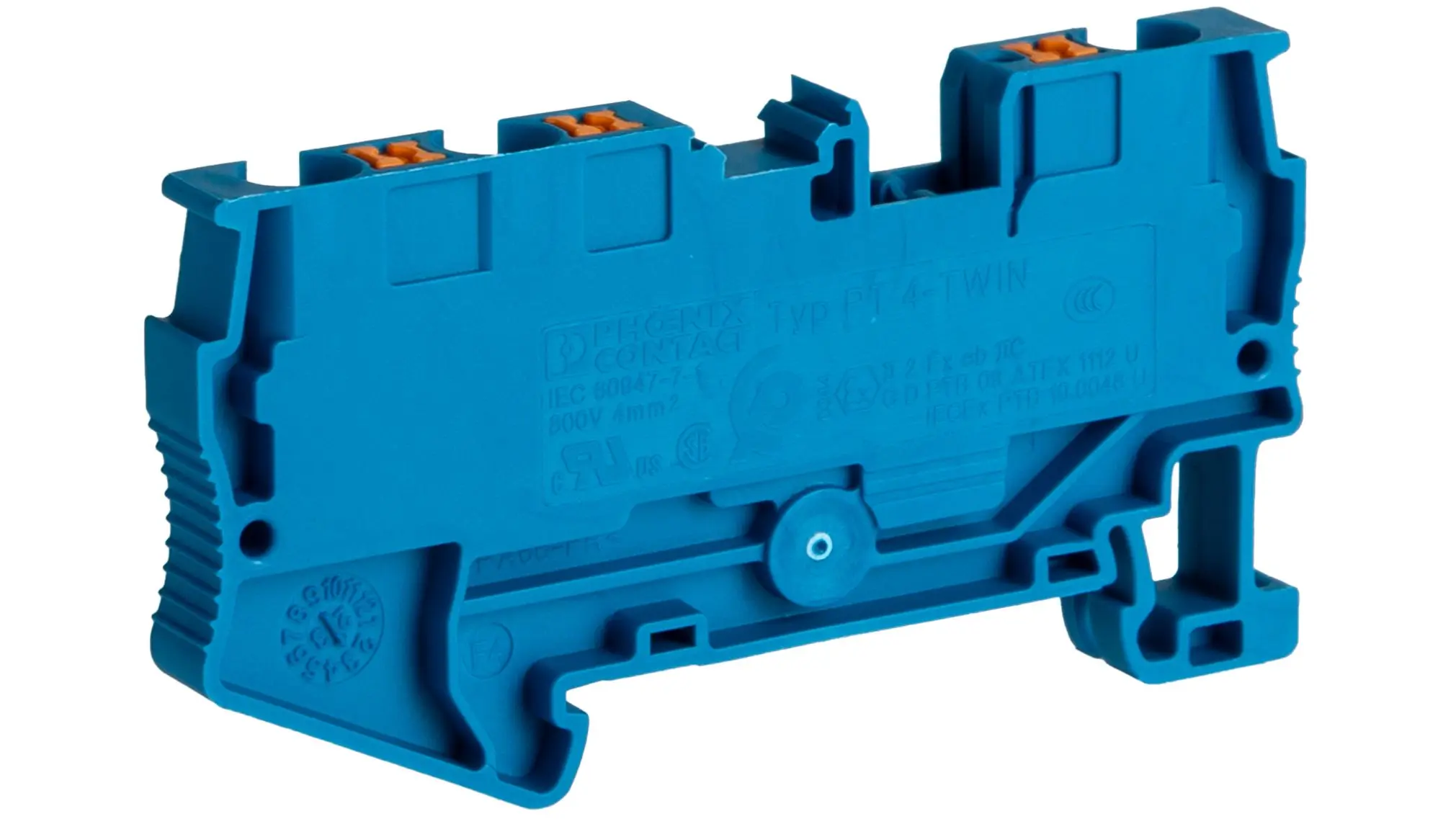 Produktfoto 1 von Phoenix Contact PT 4-TWIN BU Anschlussklemmenblock für Durchkontaktierung 1 Blau, 0.2 to 6 mm², 800 V Einsteck-Anschluss