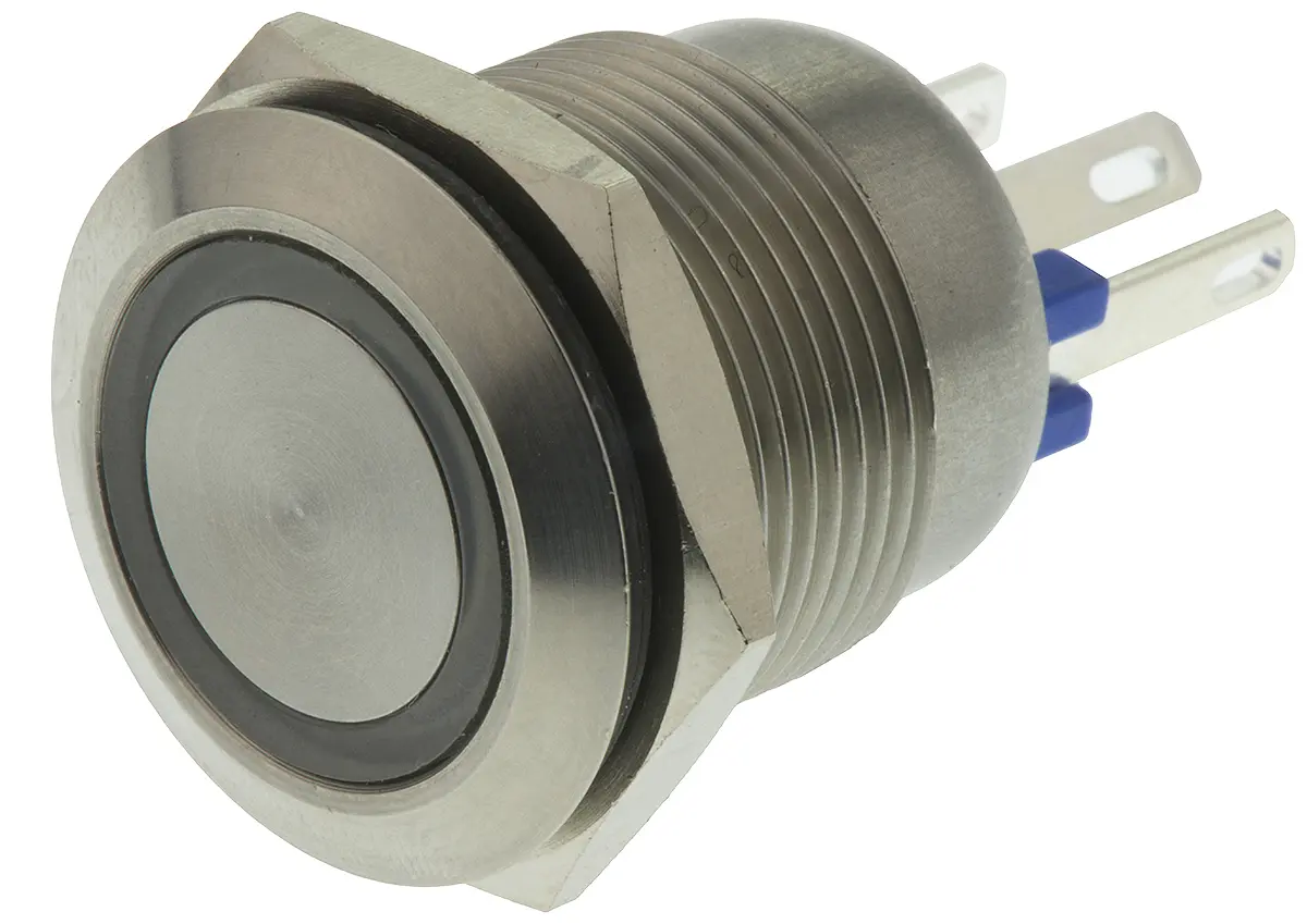 Bulgin MPI002 Druckschalter Blau Beleuchtet Tastend Panel Ø 19.2 mm, SPST / 50mA 24 V dc, IP66