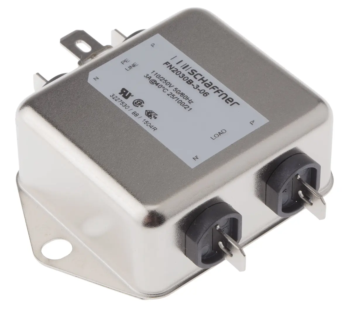Schaffner FN2030 EMV-Filter, 250V ac/dc, 3 A, Chassismontage 2.2 W, Faston, 1-phasig 0.002 mA / 400Hz 1 Zustände