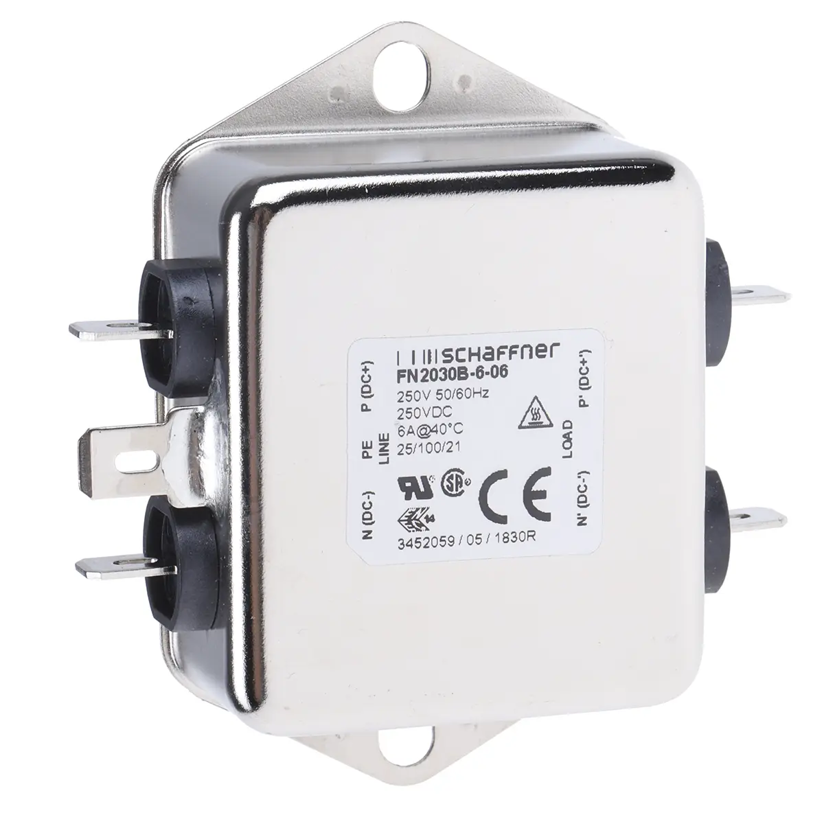 Schaffner FN2030 EMV-Filter, 250V ac/dc, 6 A, Chassismontage 3.2 W, Faston, 1-phasig 0.002 mA / 400Hz 1 Zustände