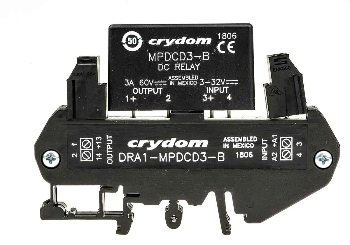 Produktfoto 1 von Sensata Crydom DRA1-MP Halbleiter-Interfacerelais, 3 A max., DIN-Schienen 3 Vdc min. 60 V max. / 32 V dc max. 2.6mA DC