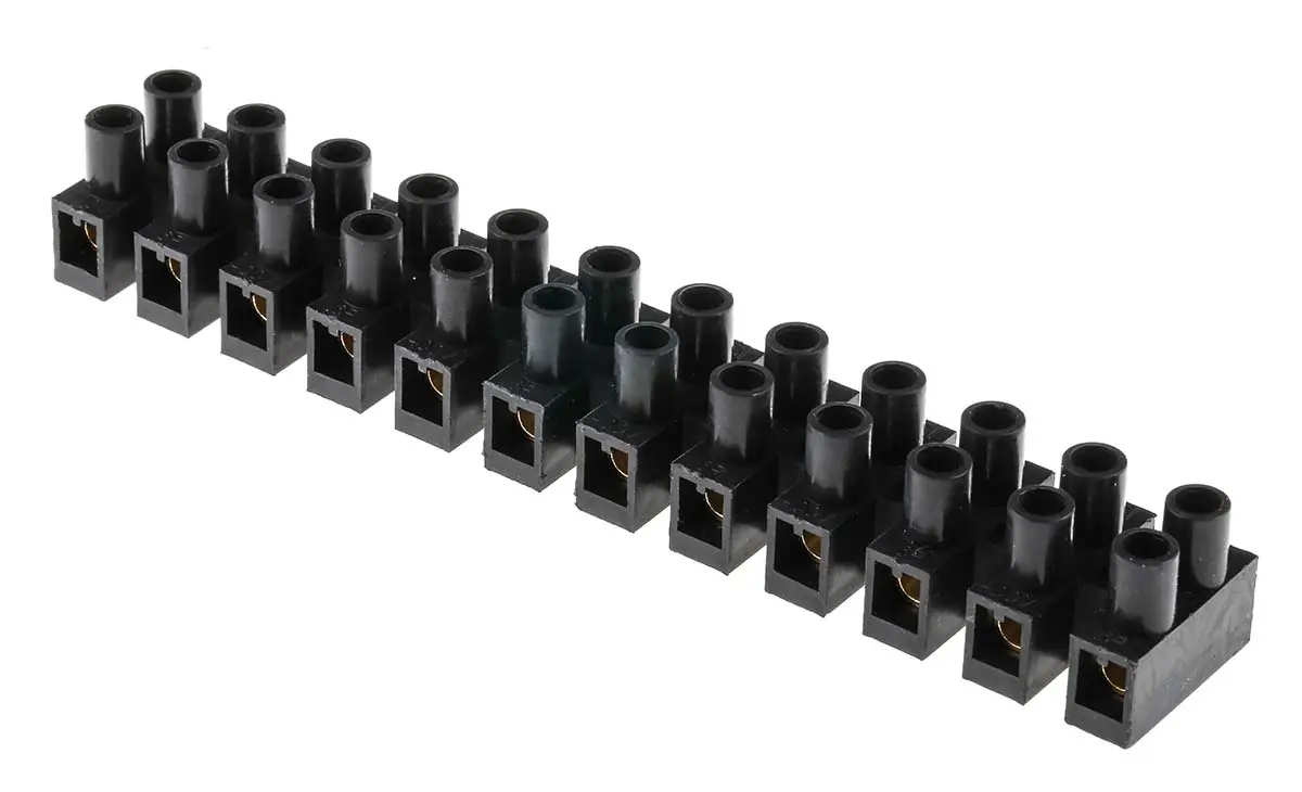 Produktfoto 1 von RS PRO CPP Messing Polypropylen Klemmenleiste 32A Schwarz 12-polig Schraubbefestigung, Raster 12 mm 6mm²
