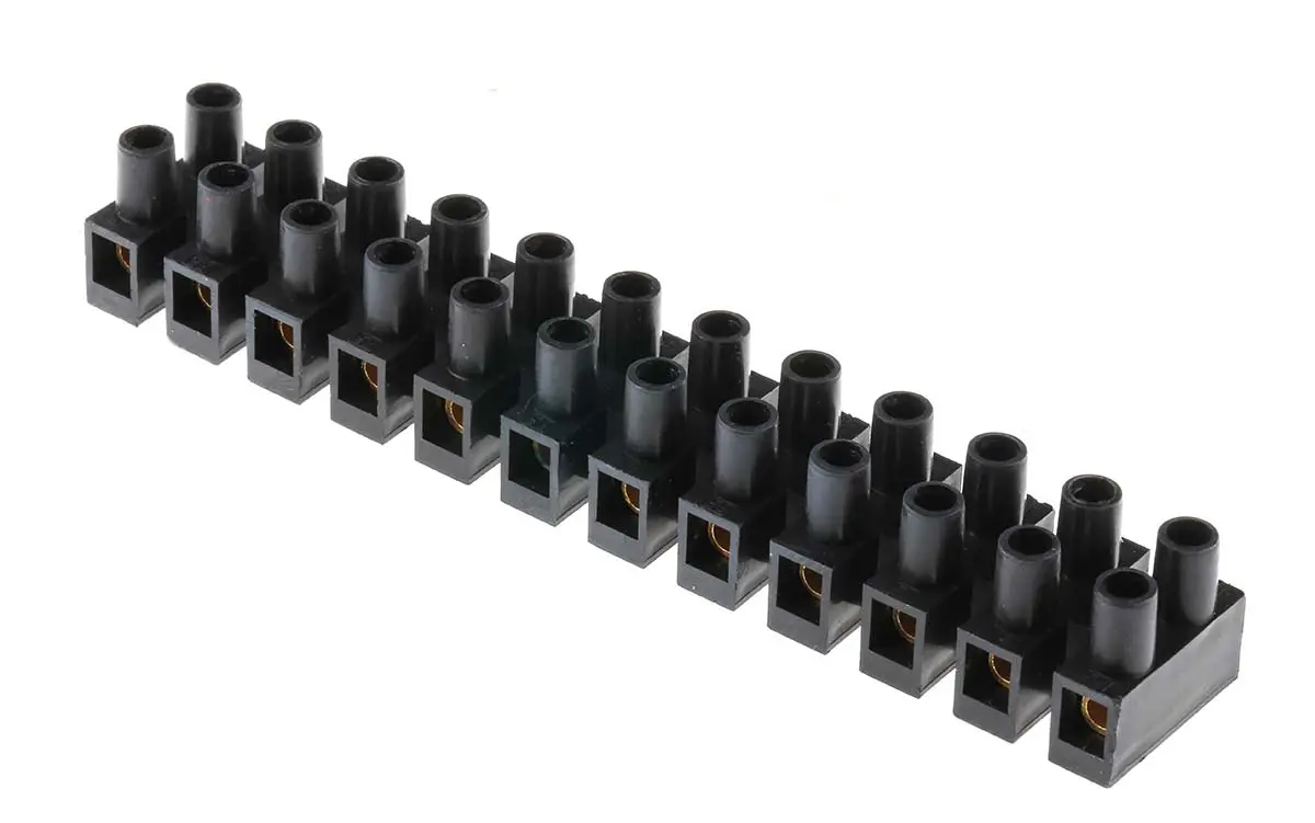 Produktfoto 1 von RS PRO CPP Messing Polypropylen Klemmenleiste 24A Schwarz 12-polig Schraubbefestigung, Raster 10 mm 4mm²