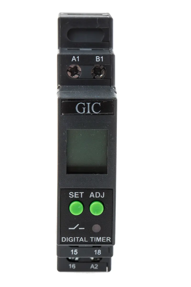 Produktfoto 1 von GIC Zeitrelais, DIN-Schienen, 0.1 s → 999h, 24 → 240V ac/dc, 1 Kont. Multifunktion, 1-poliger Wechsler