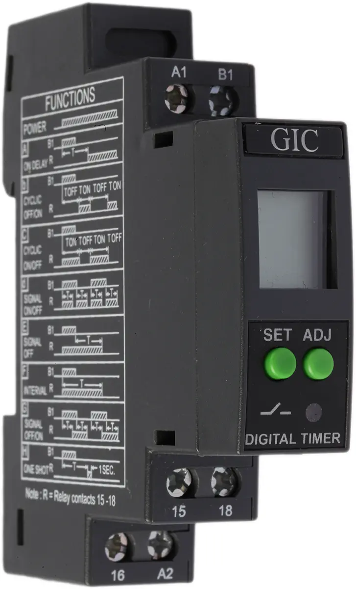 Produktfoto 1 von GIC Zeitrelais, DIN-Schienen, 0.1 s → 999h, 24 → 240V ac/dc, 1 Kont. Multifunktion, 1-poliger Wechsler