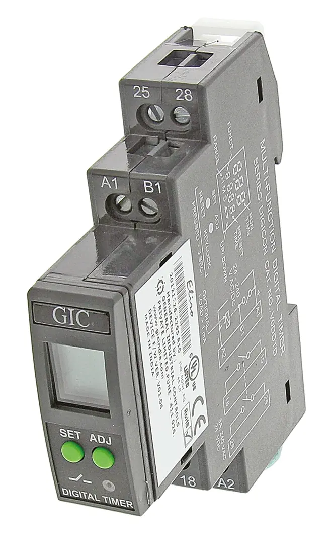 Produktfoto 1 von GIC Zeitrelais, DIN-Schienen, 0.1 s → 999h, 24 → 240V ac/dc, 1 Kont. Multifunktion, DPST