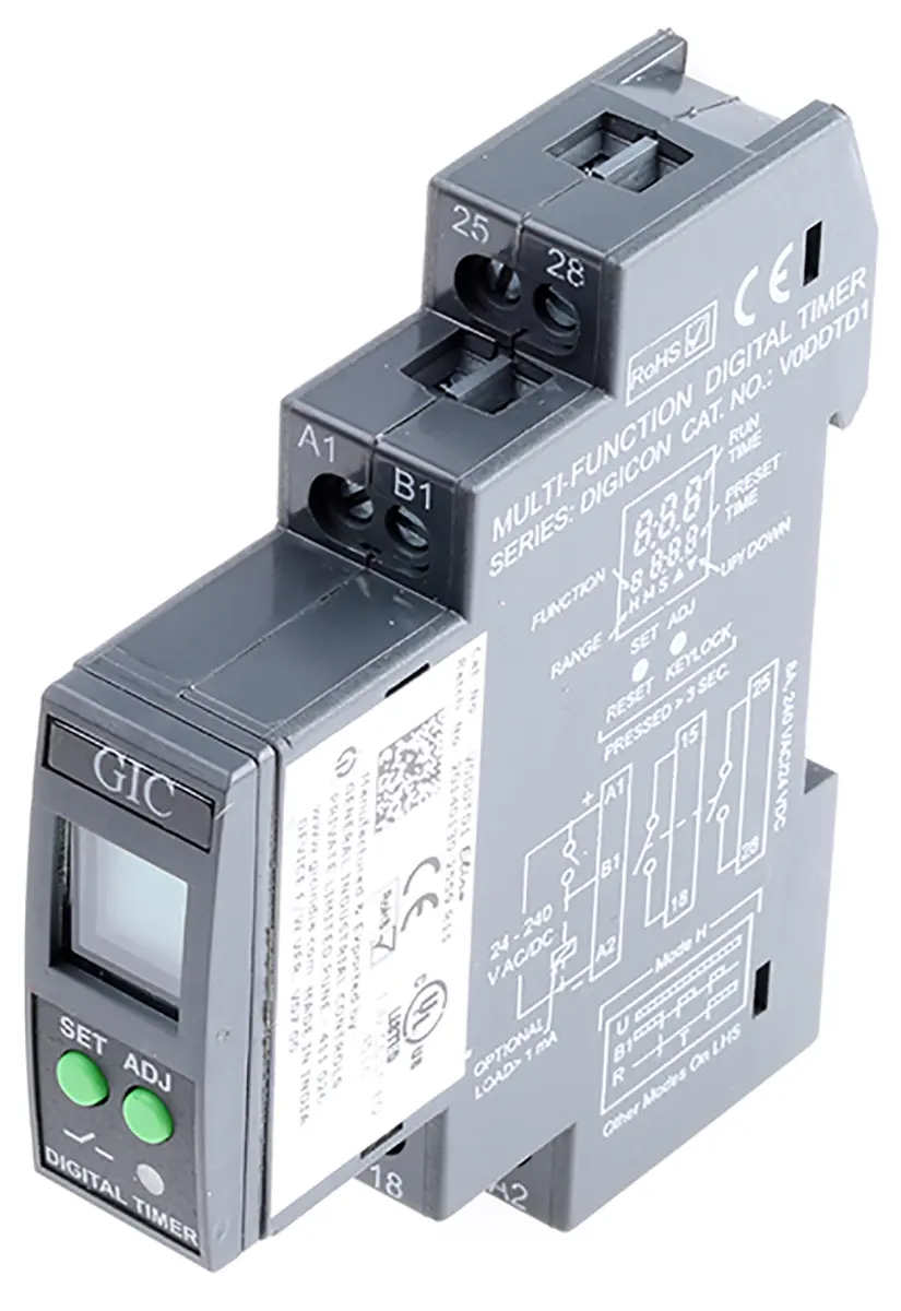 Produktfoto 1 von GIC Zeitrelais, DIN-Schienen, 0.1 s → 999h, 24 → 240V ac/dc, 1 Kont. Multifunktion, 1-poliger Wechsler