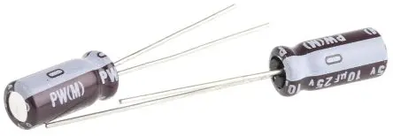 Produktfoto 1 von Nichicon PW Kondensator 10 μF Radiale Anschlussfahnen ±20 % / 25V, Ø 5 mm x 11 mm x 11 mm, 105 °C