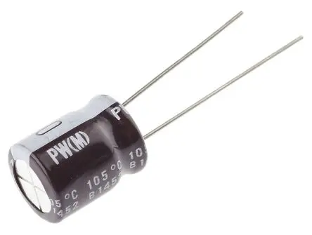 Nichicon PW Durchsteckmontage Kondensator 100 μF Radiale Anschlussfahnen ±20 % / 63V dc, Ø 10 mm x 12.5 mm x 10 mm, 105