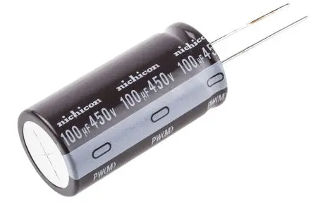 Produktfoto 1 von Nichicon PW Kondensator 100 μF PC-Stift ±20 % / 450V, Ø 25 mm x 50 mm x 50 mm, 105 °C