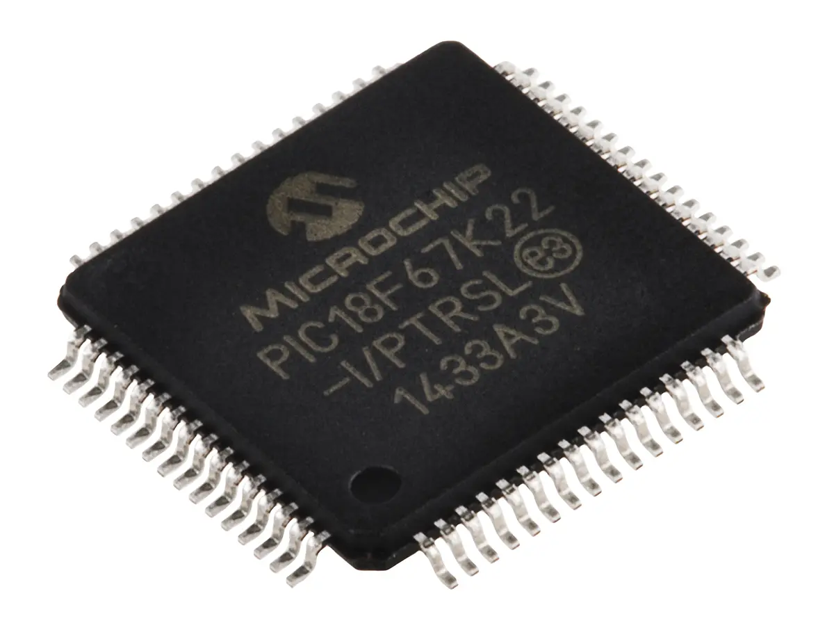 Produktfoto 1 von Microchip Mikrocontroller PIC18F PIC 8 bit Oberfläche 128kB Flash TQFP 64-Pin 64 MHz 4 kB RAM