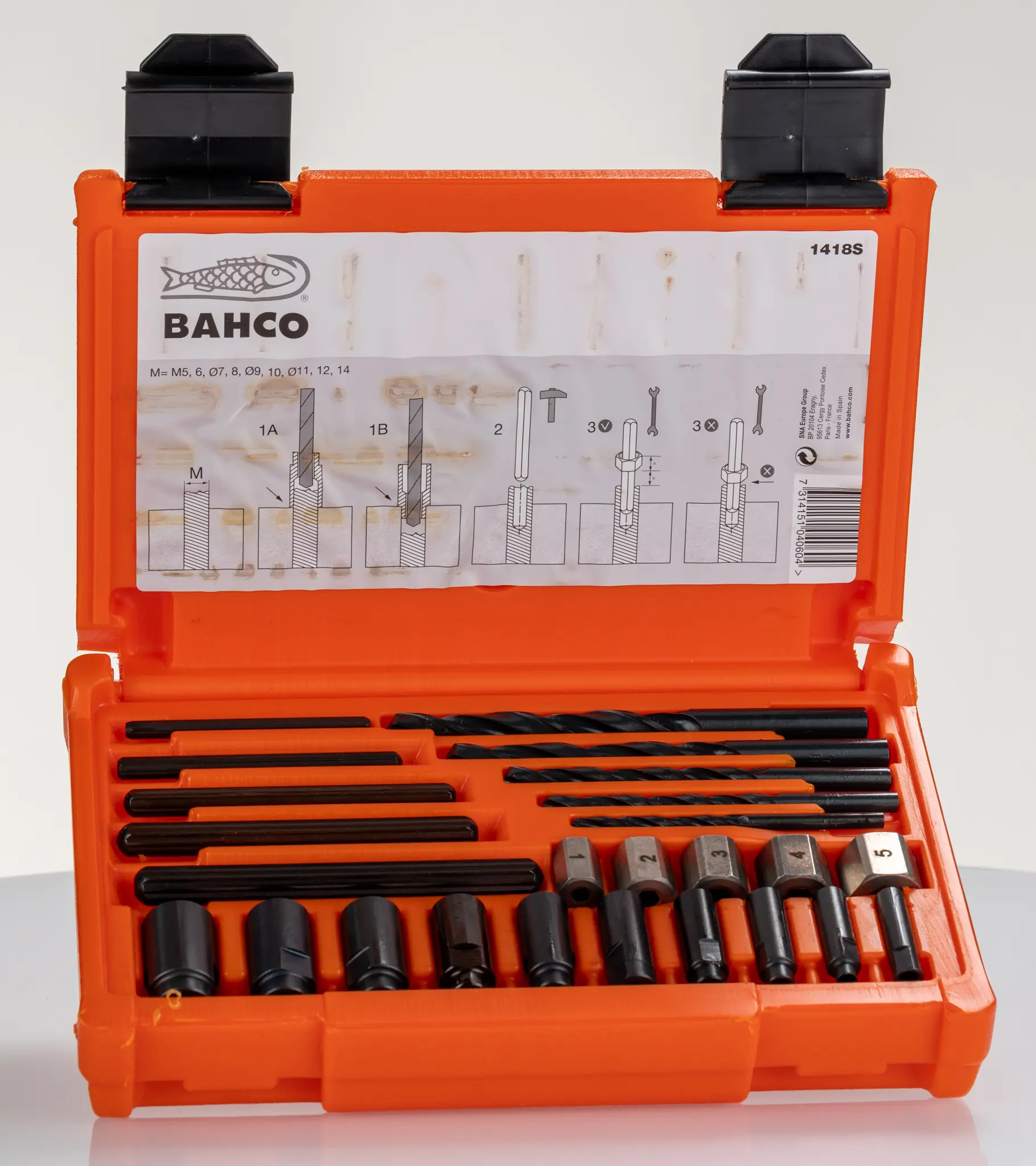 Produktfoto 1 von Bahco, 25-teilig Schraubenausdreher-Set, Kunststoff, Vanadium, Bolzenauszieher: 3,2, 4,8, 6,4, 8, 8,7, Buchse: Ein, B,