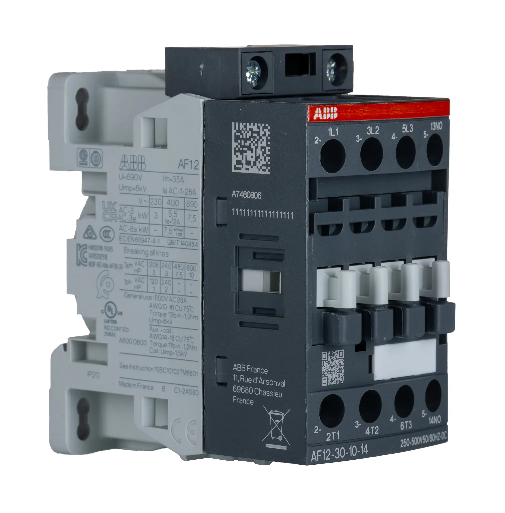 Produktfoto 1 von ABB AF12 Schütz 500 V dc-Spule, 3-polig, 690V ac / 9 A 500 V dc 5.5 kW 3 Schließer Motorsteuerung 1-Hilfskontakte