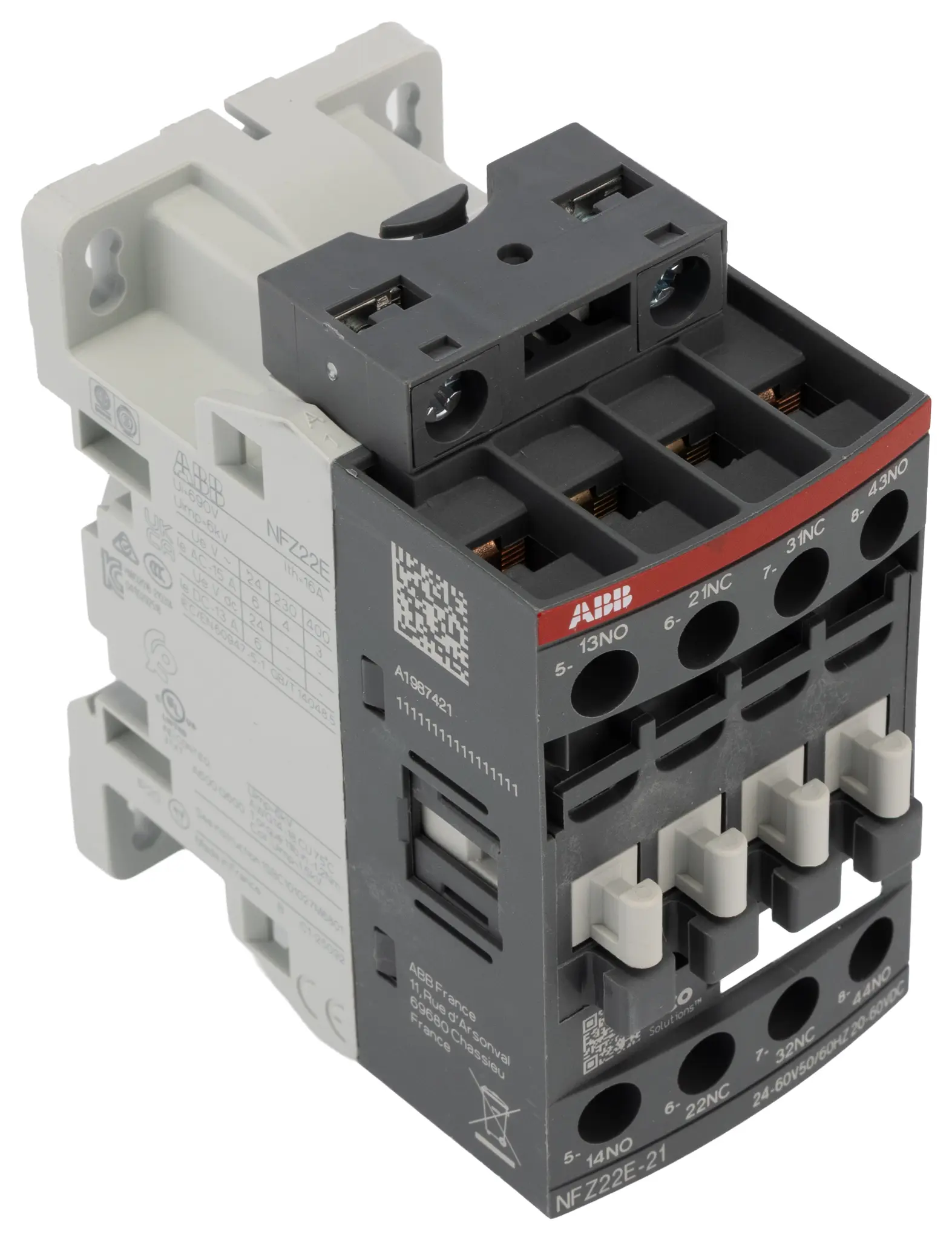 Produktfoto 1 von ABB NF Hilfsschütz, 4-polig, 690V ac / 6 A 60V dc 1500 kW 2 Schließer/2 Öffner Motorsteuerung 4-Hilfskontakte