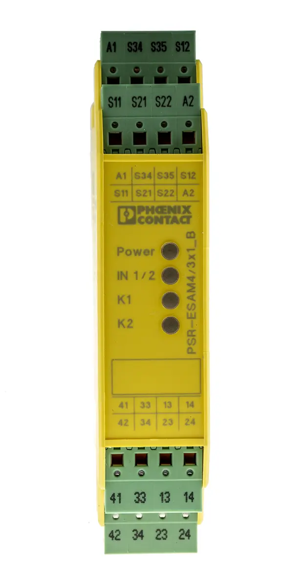 Produktfoto 1 von Phoenix Contact PSR-SPP-24UC/ESAM4/3X1/1X2/B Sicherheitsrelais 24V ac/dc, 3 Sicherheitskontakte, 1 Hilfsschalter RoHS,
