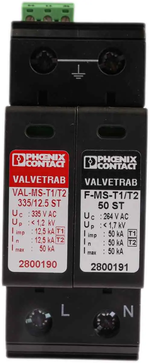 Produktfoto 1 von Phoenix Contact, Überspannungsschutz, 1-phasig, 250 V ac 50 kA DIN-Hutschiene VAL-MS-T1/T2 335/12.5/1+1-FM