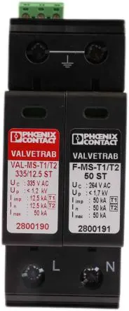 Produktfoto 1 von Phoenix Contact, Überspannungsschutz, 1-phasig, 250 V ac 50 kA DIN-Hutschiene VAL-MS-T1/T2 335/12.5/1+1-FM