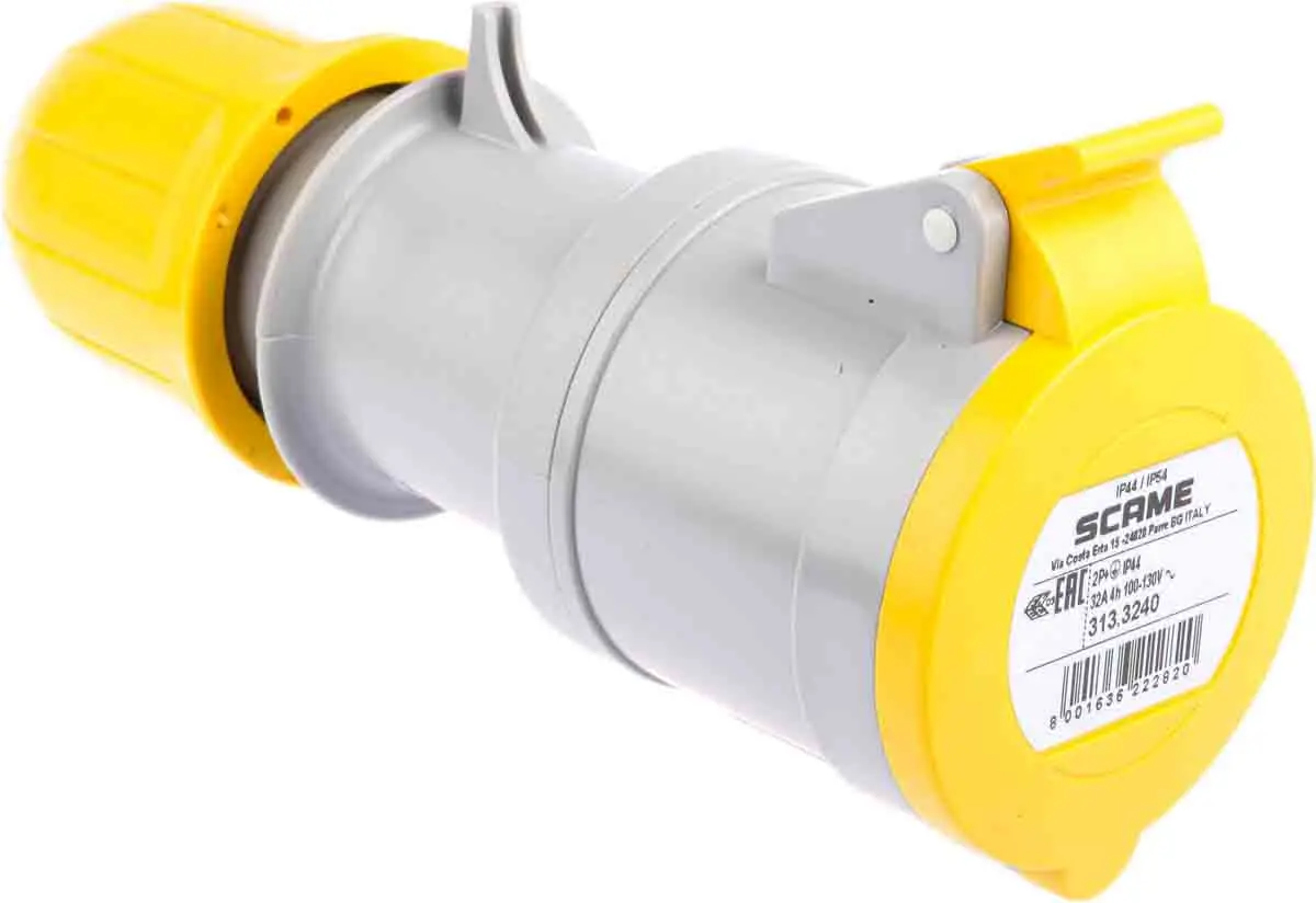 Produktfoto 1 von Scame Optima Leistungssteckverbinder Gelb, 110V 2P+PE / 32A, Kabel IP44