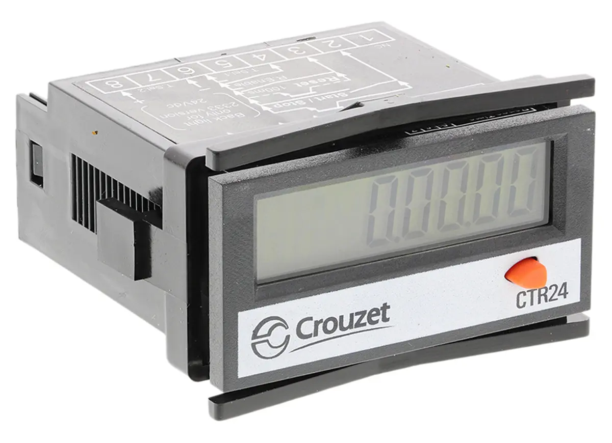 Produktfoto 1 von Crouzet CTR24 LCD Zähler Manuell, Signal 8-stellig Stunden 260 V 0 → 99999,99 h, 0 → 9999999,9 s