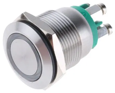 Produktfoto 1 von Bulgin MPI002 Druckschalter Grün Beleuchtet Tastend Panel Ø 19.2 mm, SPST / 50mA 24 V dc, IP66