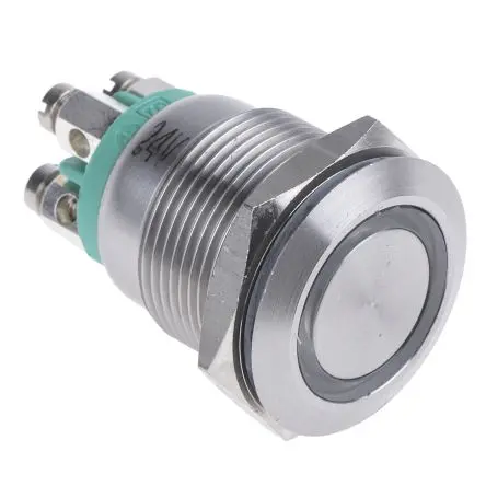 Produktfoto 1 von Bulgin MPI002 Druckschalter Grün Beleuchtet Tastend Panel Ø 19.2 mm, SPST / 50mA 24 V dc, IP66