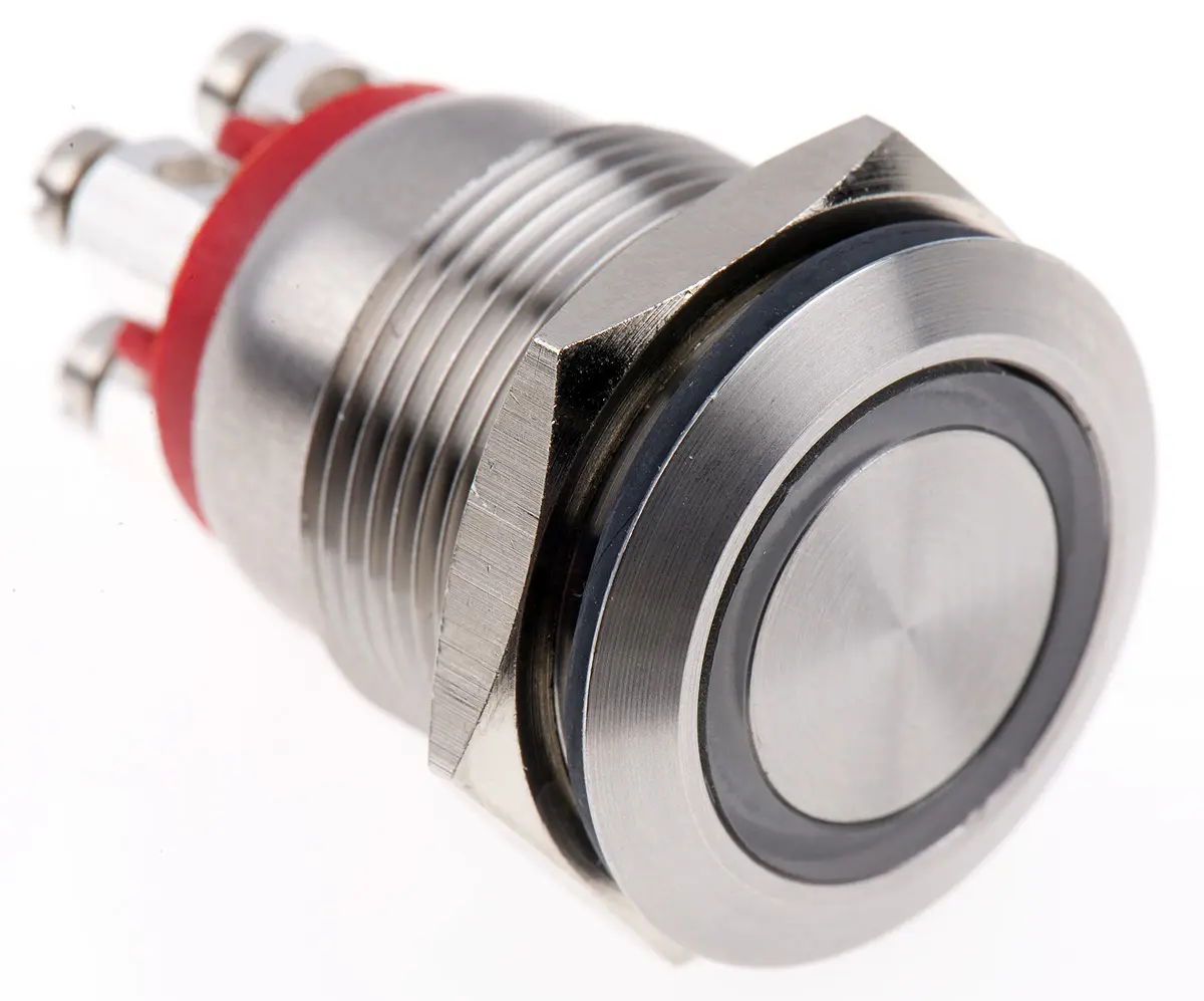 Produktfoto 1 von Bulgin MPI002 Druckschalter Rot Beleuchtet Tastend Panel Ø 19.2 mm, SPST / 50 mA 24 V dc, IP66