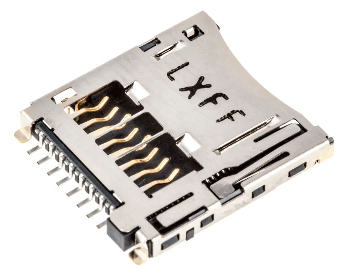 Produktfoto 1 von Molex 503182 MicroSD, gewinkelt Steckverbinder für Speicherkarten Stecker, 8-polig / 1-reihig Lot, Raster 1.1 mm,