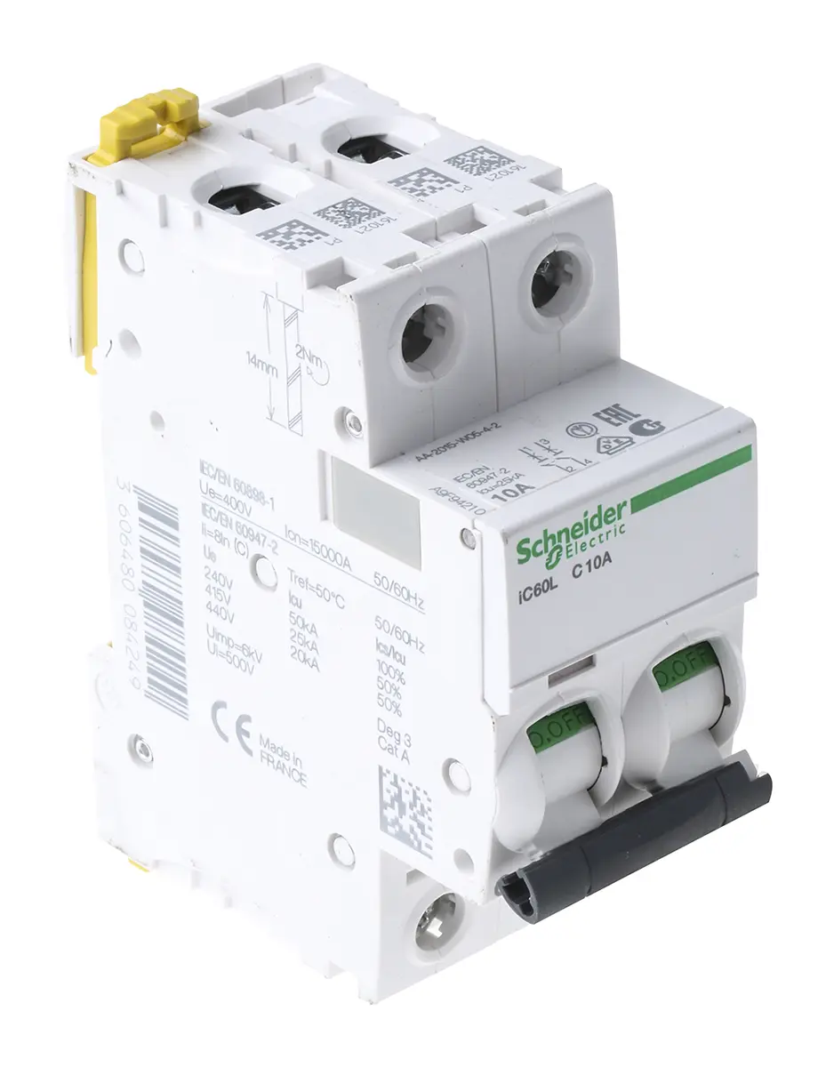 Produktfoto 1 von Schneider Electric iC60L MCB Leitungsschutzschalter Typ C, Pol 2 10A 100 → 130V, Abschaltvermögen 10 kA Acti 9