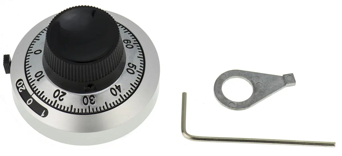 Produktfoto 1 von Bourns Potentiometer Drehknopf Schwarz, verchromt, Zeiger Weiß Ø 46mm x 24mm, Rund Schaft 6.35mm