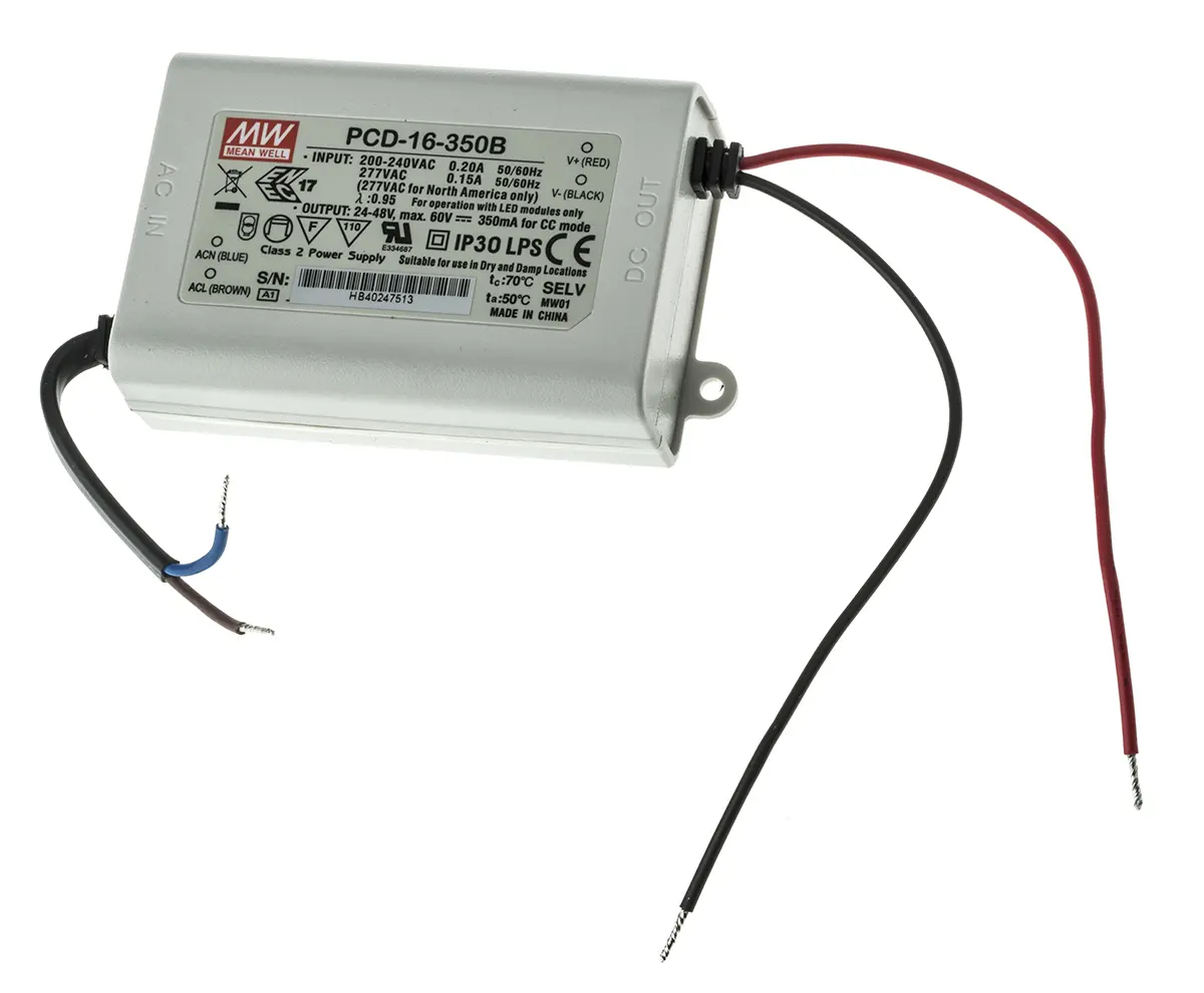 Produktfoto 1 von MEAN WELL LED-Treiber, 16.8 W 180V ac, 295 V ac LED-Treiber 350mA, Ausgang 24V, 48 V
