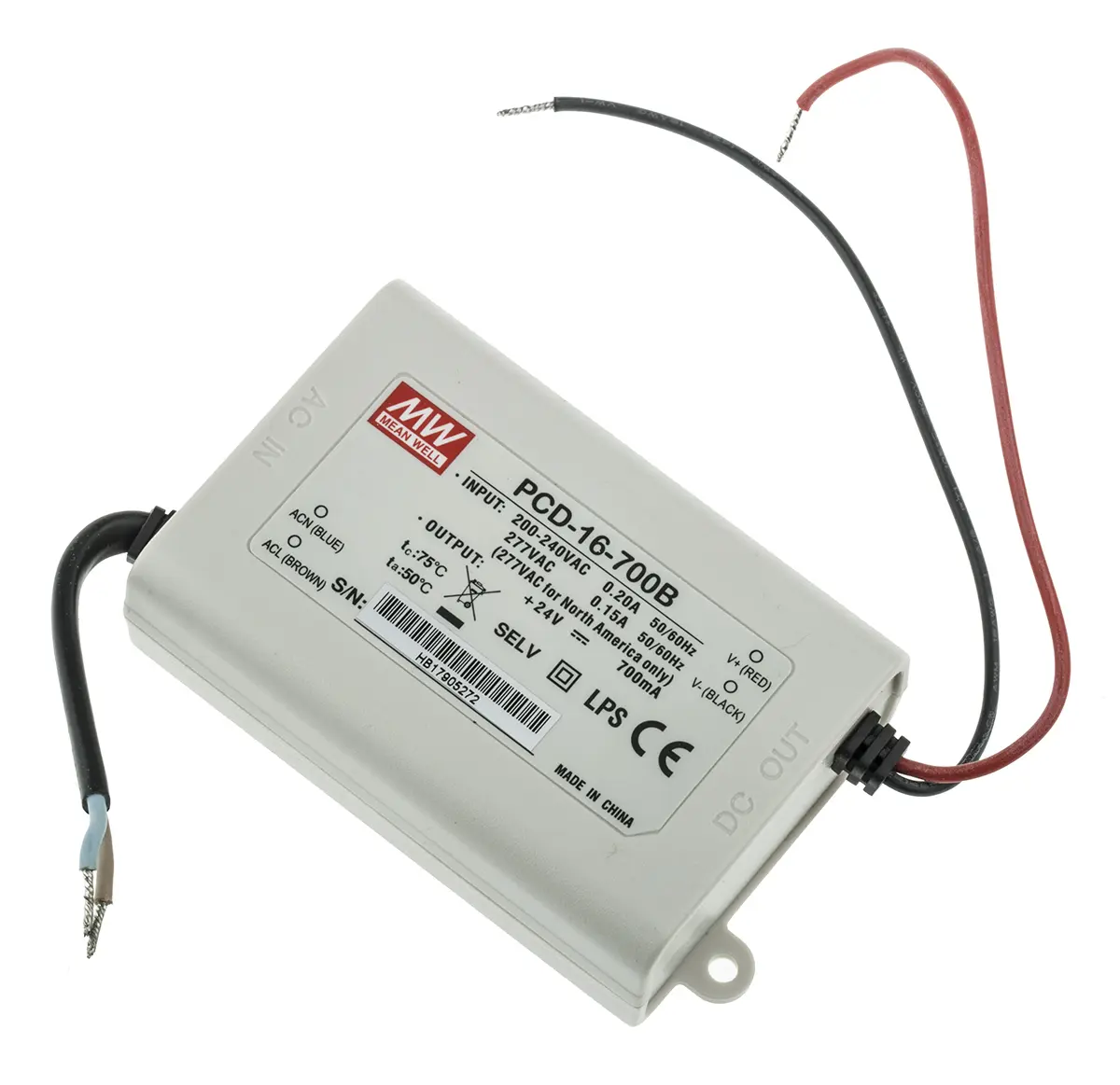 Produktfoto 1 von MEAN WELL LED-Treiber, 16.8 W 180 → 295 V ac LED-Treiber 700 mA, Ausgang 16/24 V