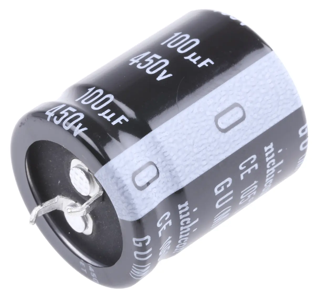 Produktfoto 1 von Nichicon GU Snap-In Aluminium-Elektrolyt Kondensator 100μF ±20% / 450V dc, Ø 25mm x 30mm, bis 105°C