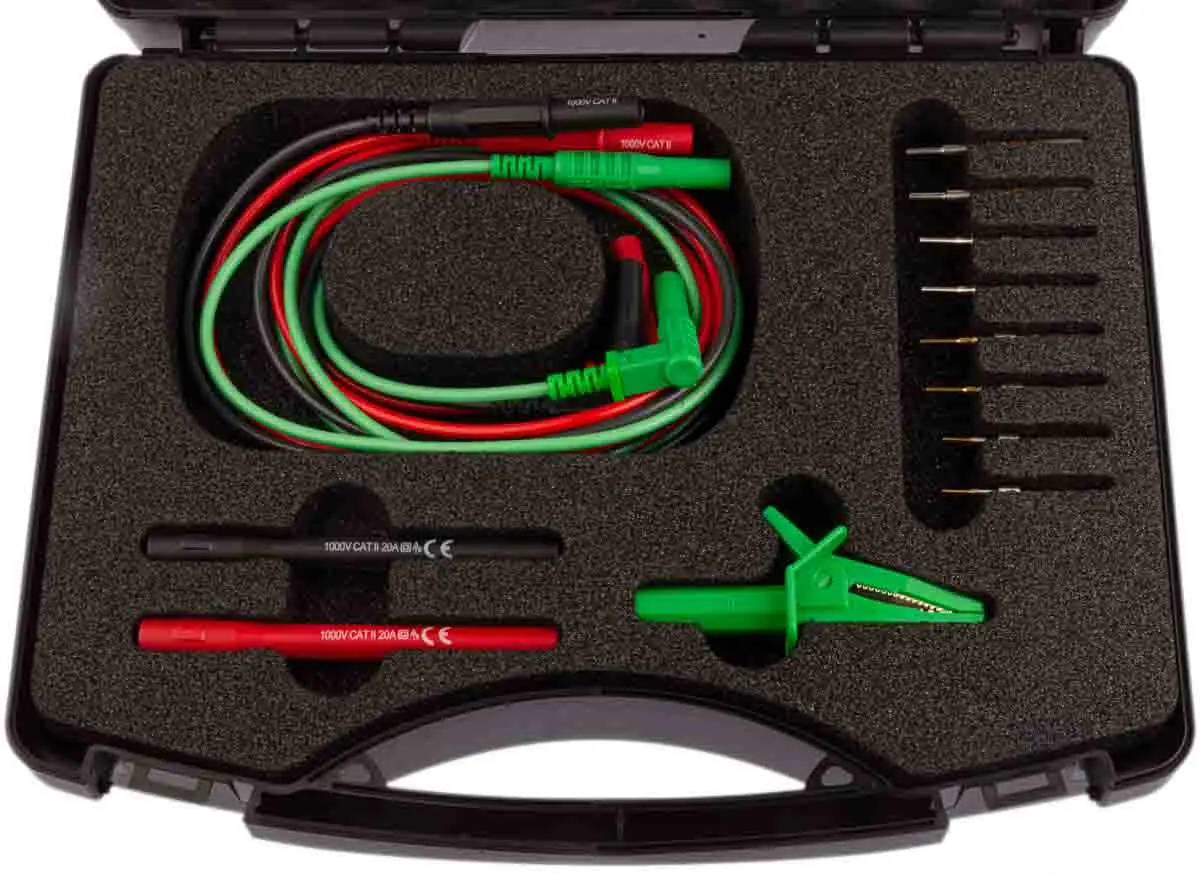 Produktfoto 1 von RS PRO Multimeter-Messleitungen mit Krokodilklemme, Stecker rechtwinklig, Pin-Buchse, Vielfachstecker Prüf Kit CAT 20A