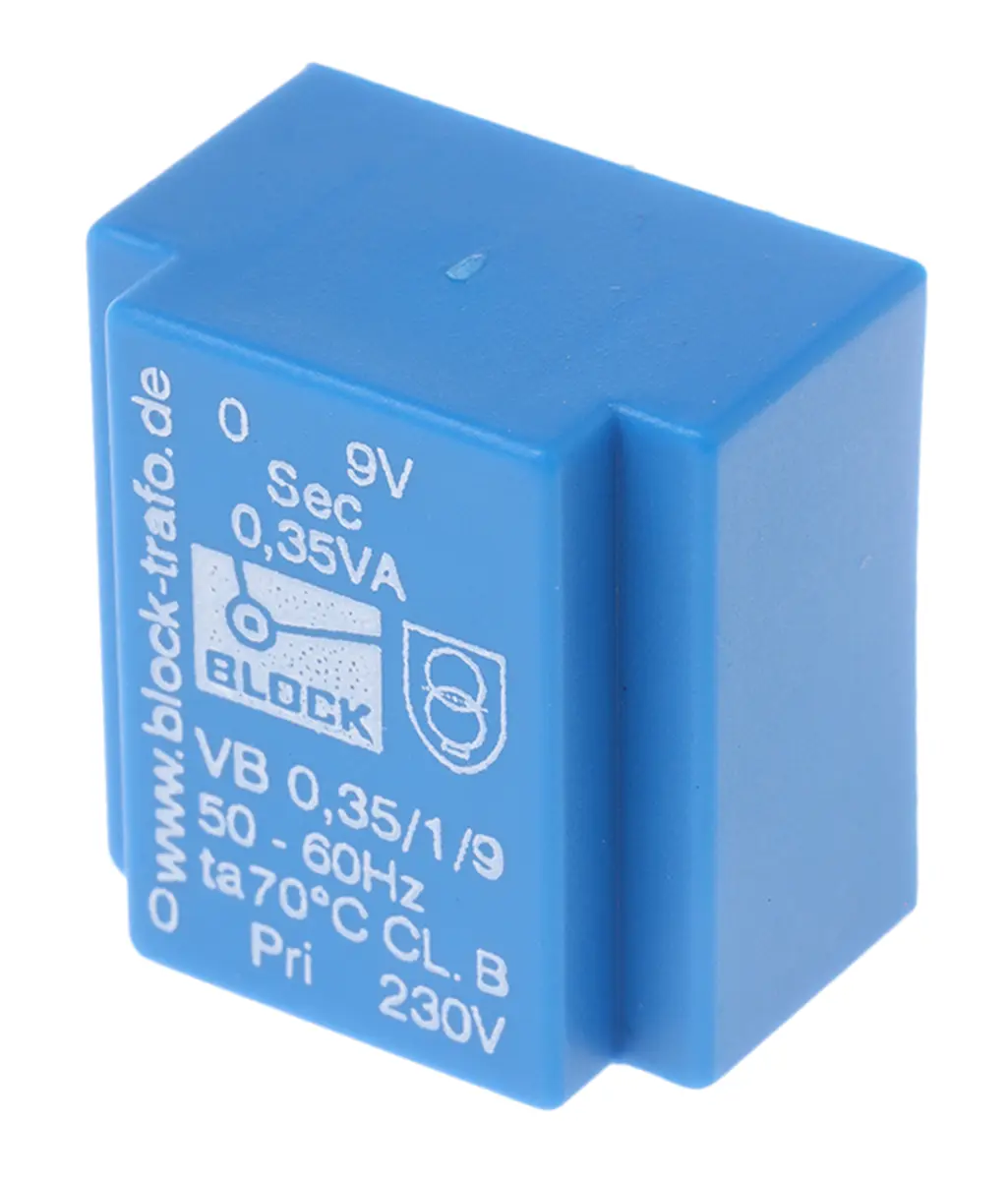 Produktfoto 1 von Block Printtrafo, Trafo 230 V ac / 9 V ac 1  Ausg. 0.35 VA 22 mm x 22.7 mm x 15 mm 0.02 kg Stift