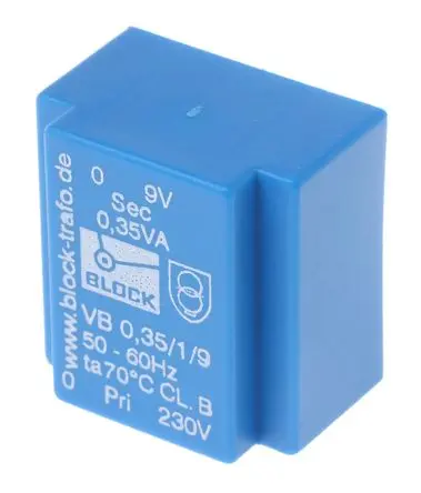 Produktfoto 1 von Block Printtrafo, Trafo 230 V ac / 9 V ac 1 Ausg. 0.35 VA 22 mm x 22.7mm x 15 mm 0.02 kg Stift