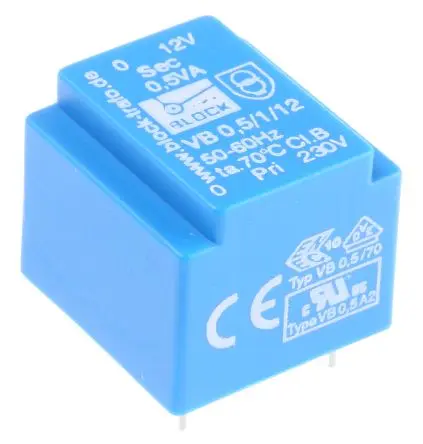 Produktfoto 1 von Block Printtrafo, Trafo 230 V ac / 12 V ac 1 Ausg. 0.5 VA 22 mm x 22.7mm x 19 mm 0.04 kg Stift