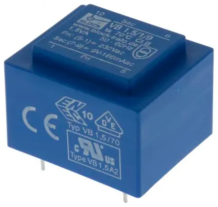 Produktfoto 1 von Block Printtrafo, Trafo 230 V ac / 9 V ac 1 Ausg. 1.5 VA 32.3 mm x 27.3mm x 23.8 mm 0.08 kg Stift
