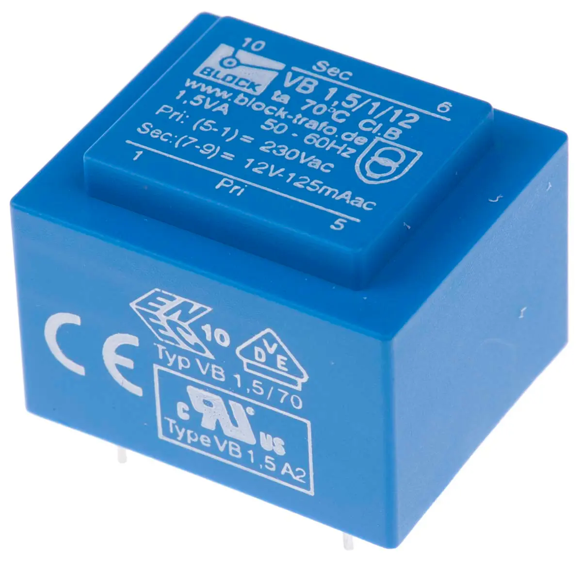 Produktfoto 1 von Block Printtrafo, Trafo 230 V ac / 12 V ac 1  Ausg. 1.5 VA 32.3 mm x 27.3 mm x 23.8 mm 0.08 kg Stift